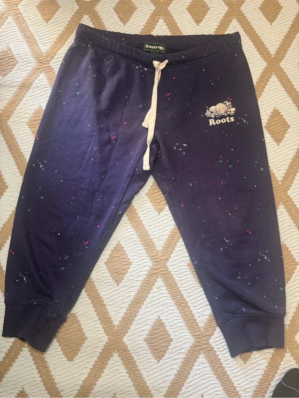 Roots Navy Joggers with Cream Drawstring and Colorful Paint Splatter